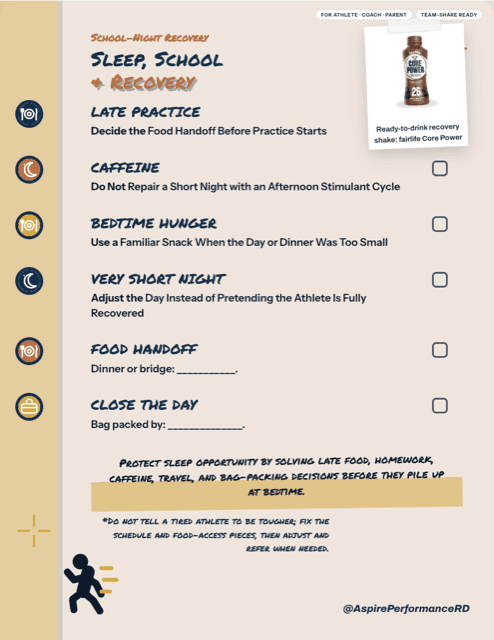 Sleep, School & Recovery printable sports nutrition handout preview