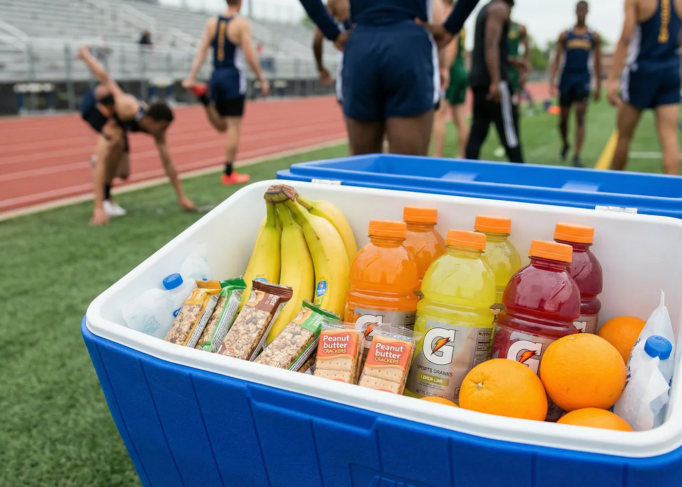 Track meet cooler stocked with practical recovery and fueling items.