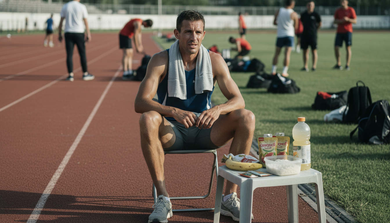 Guide cover used as a visual anchor for gut training before the decathlon 1500m.