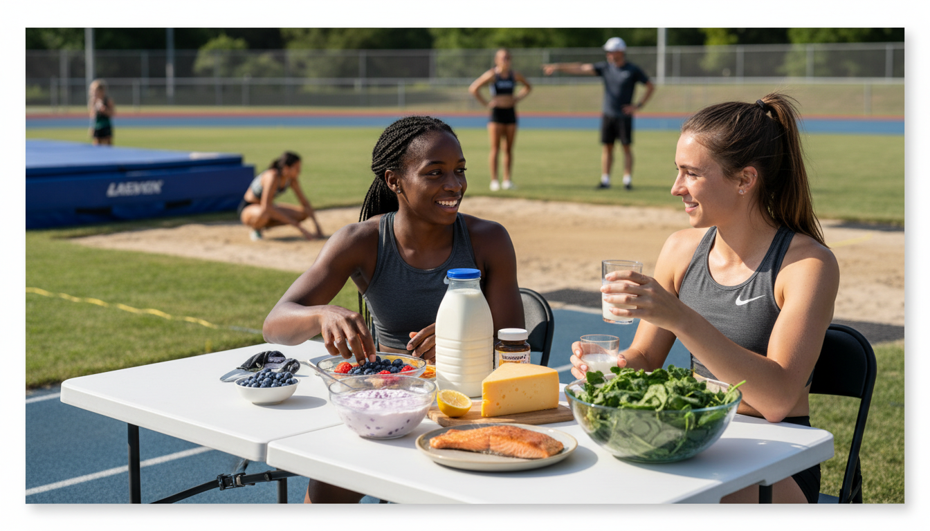 Guide cover used as a visual anchor for vitamin D and bone-density support in triple jumpers.